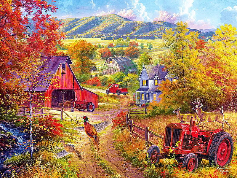 Down The Country Road, tractor, pheasant, cottage, car, barn, landscape, deer, hills, artwork, painting, HD wallpaper
