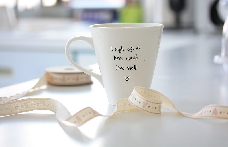 Laugh often, love much, live well!, cup, soft, white, heart, HD wallpaper