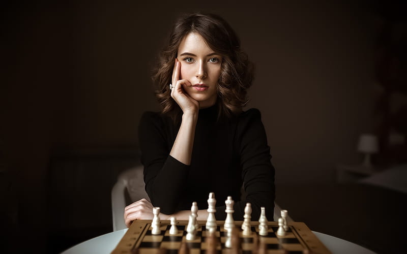 Chess Player, pretty, brunette, girl, chess, HD wallpaper