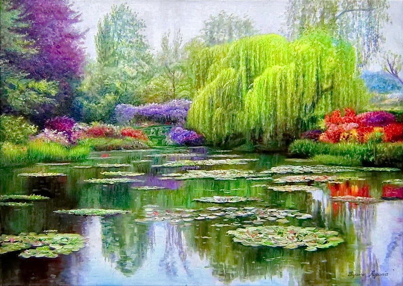 Calm pond, pretty, colorful, bonito, bushes, floral, nice, willow, painting, flowers, beauty, reflection, tranquility, quiet, lovely, lilies, spring, park, trees, lake, pond, water, serenity, paradise, summer, garden, HD wallpaper