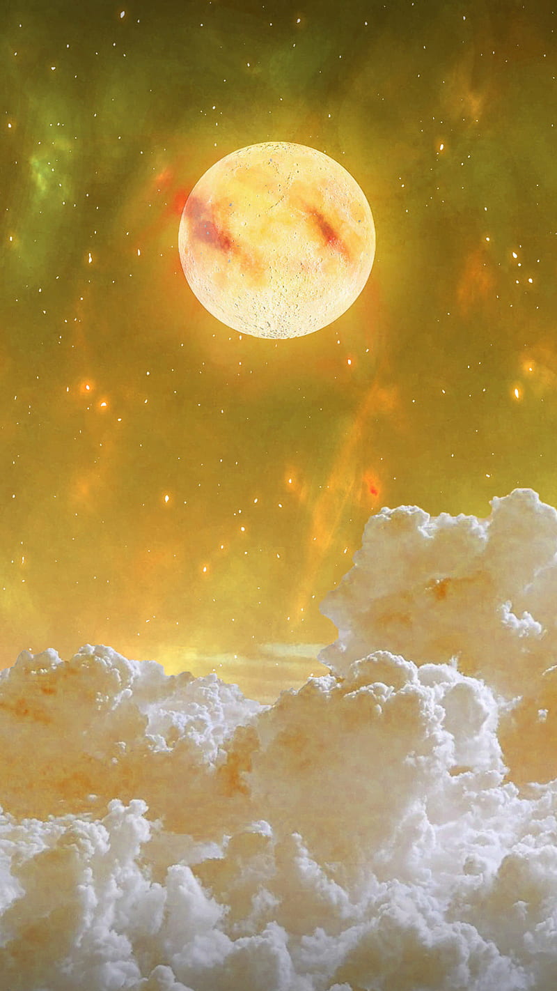 Yellow moon, edge, galaxy, moonlight, moonshine, night, sea, HD phone wallpaper