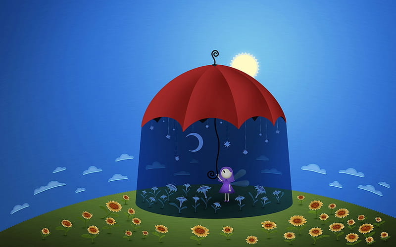 Big umbrella over the cute girl, flower, cute, doll umbrella, star, HD wallpaper