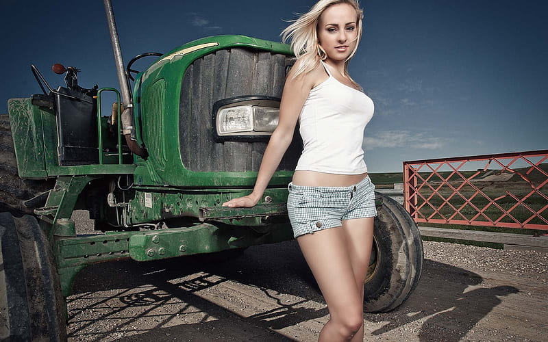 Got Tractor. . ., female, models, cowgirl, ranch, tractors, fun, outdoors, women, girls, fashion, blondes, western, John Deere, style, HD wallpaper