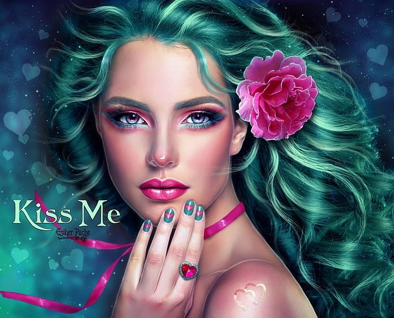 frumusete, luminos, green, girl, flower, estherpucheart, face, pink, fantasy, HD wallpaper