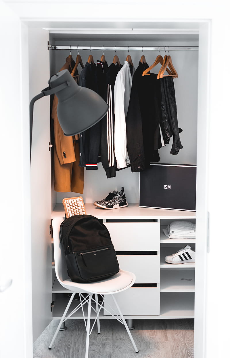 black backpack on white chair beside cabinet, HD phone wallpaper