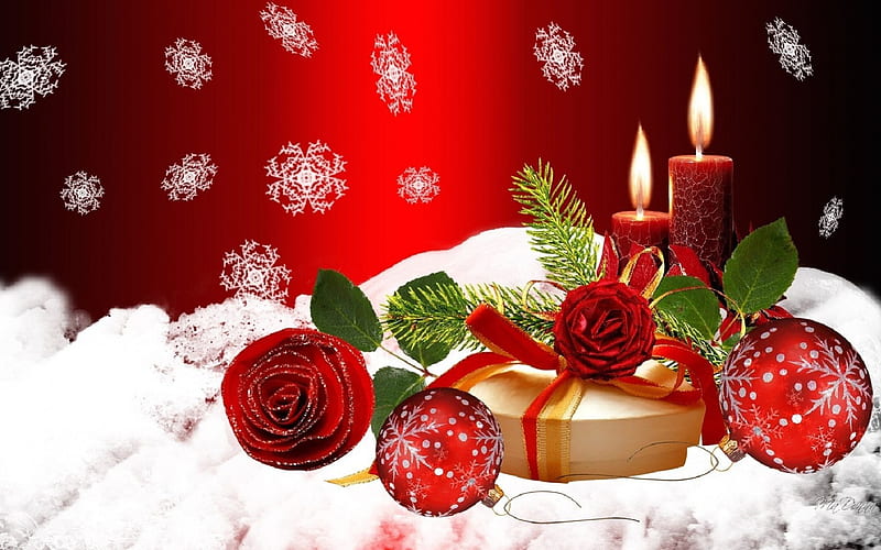 Waiting for Christmas, bulbs, sweets, snowflakes, heart, roses, candles, HD wallpaper