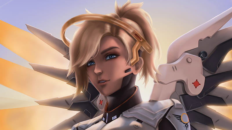 Papel de parede : Mercy Overwatch, videogames, Personagens de videogame,  Meninas de jogos de vídeo, mulheres, Menina de fantasia, Loiras, Boinas,  armaduras, Asas, olhos azuis, Olhando para o espectador, Sardas, Brilhante,  Profundidade