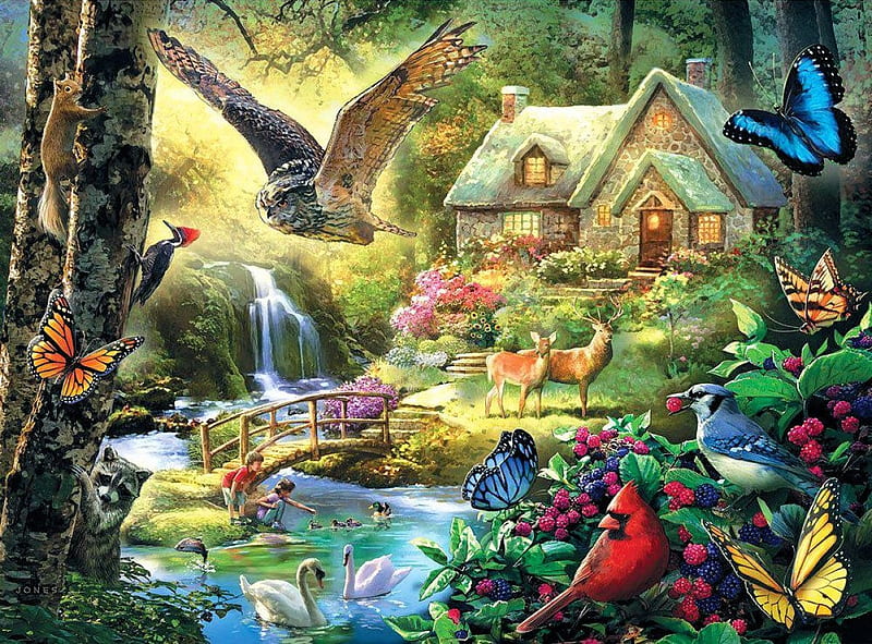 Forest Cottage, owl, house, birds, creek, deer, artwork, butterfly, bridge, waterfall, painting, cardinal, animals, HD wallpaper