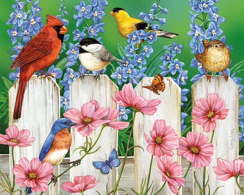 Birds and flowers, fence, art, pasare, vara, green, bird, summer, flower, painting, pink, white, blue, HD wallpaper