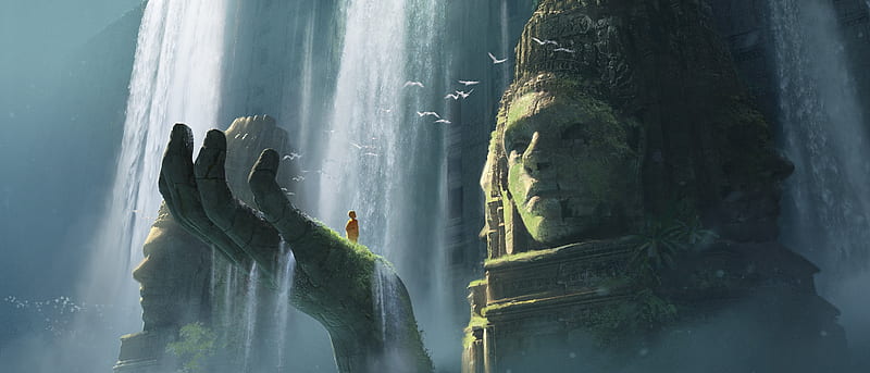 giant statue, monk, waterfall, moss, Fantasy, HD wallpaper