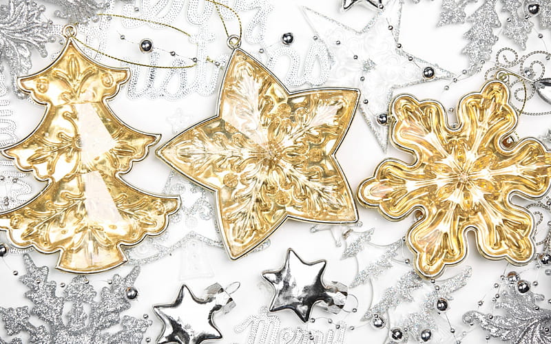 Merry Christmas!, christmas, glitter, golden, decoration, silver, tree, fir, white, star, ornament, HD wallpaper