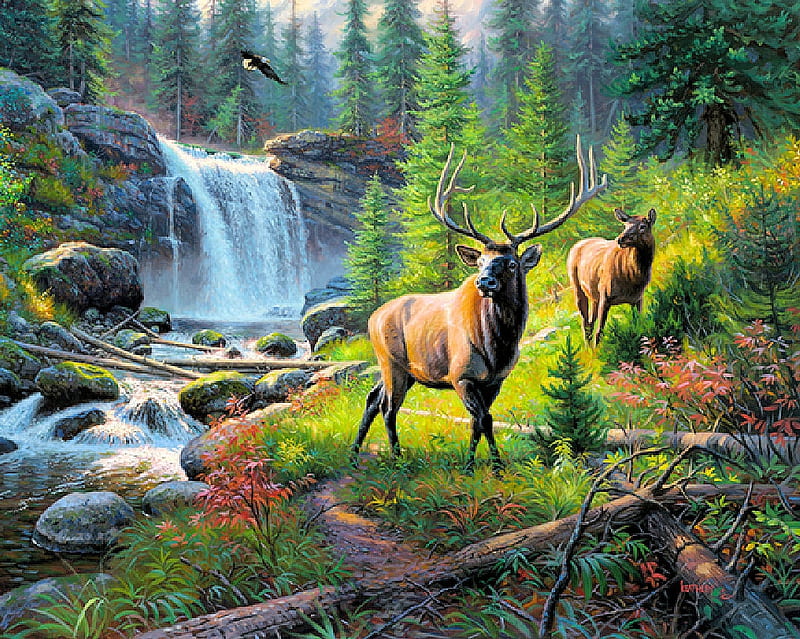 Thunder River, forest, painting, waterfall, creek, artwork, deer, HD wallpaper