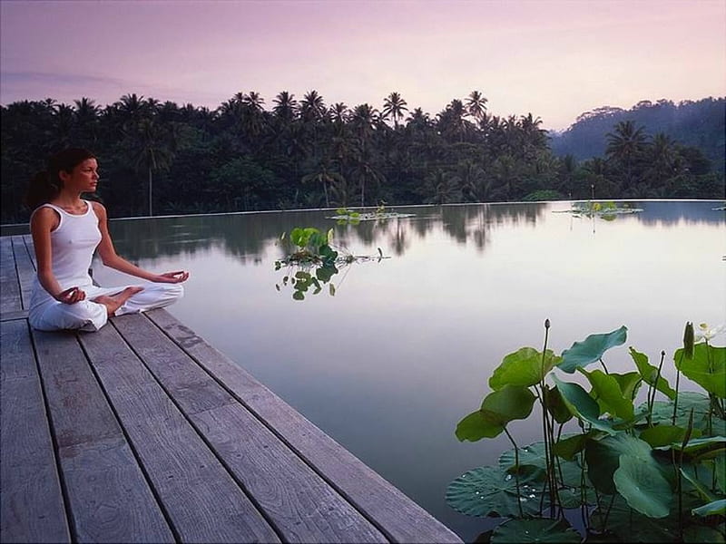 Meditation, nature, girl, lake, HD wallpaper