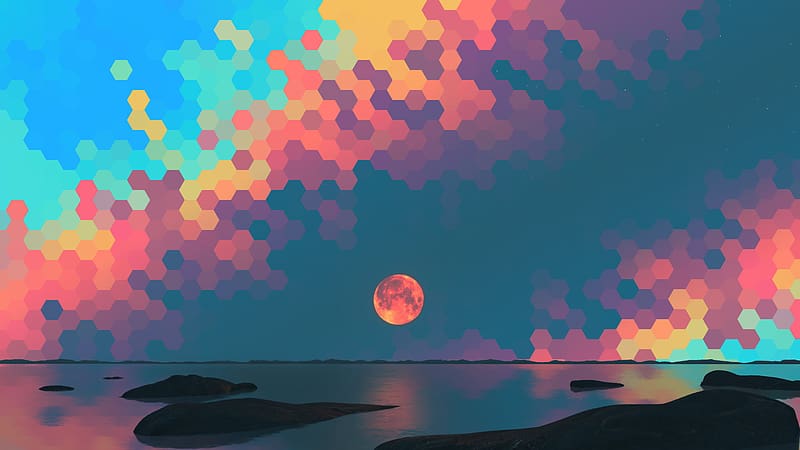 Abstract, Sky, Sea, Moon, Hexagon, Geometry, Cyan, Orange (Color), Teal ...