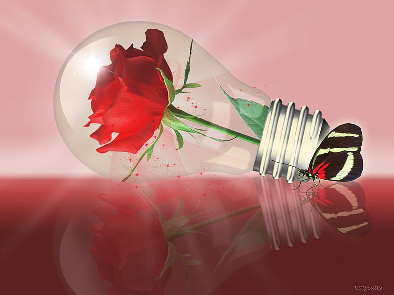 Light Bulb with Rose and Butterfly, red, rose, light bulb, 3d and cg, abstract, red rose, butterfly, friendship, love, HD wallpaper