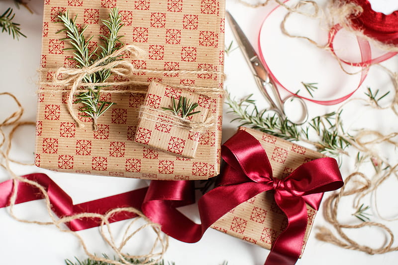 Holiday, Christmas, Box, Gift, Ribbon, Scissors, HD wallpaper