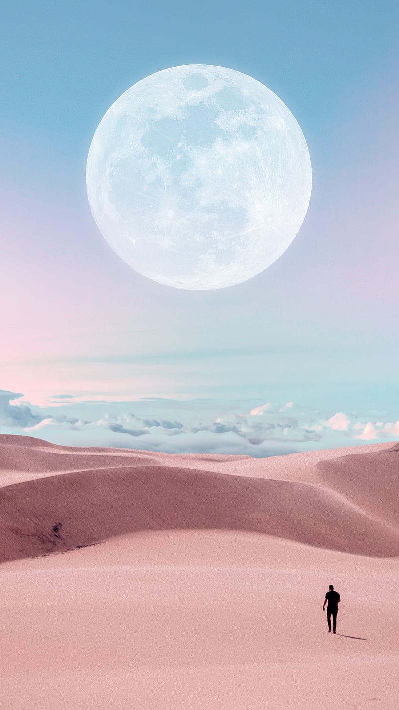 Dune Walk, Taudalpoi, awesome, blue, clouds, collage, cool, desert, digital, dunes, moon, pink, planet, purple, sky, space, stars, surreal, surrealism, universe, HD phone wallpaper