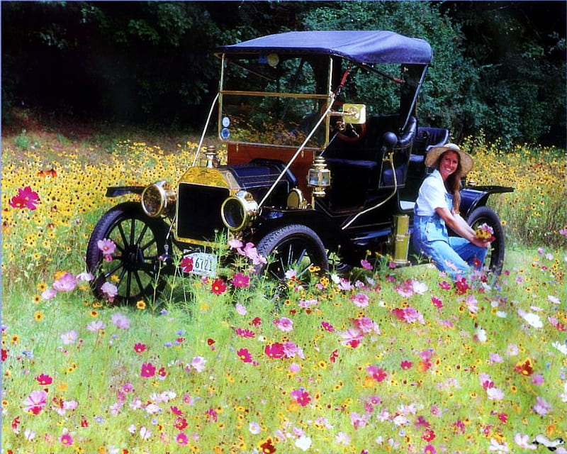 Country Woman and Her Ride, Ride, Bushes, Field, Vintage Ford, Smile, Bouquet, Nature, Trees, Pink, Country, Woman, Flowers, Hat, Yellow, Pretty, Gold Trim, Bright, Wheels, Sunlight, HD wallpaper