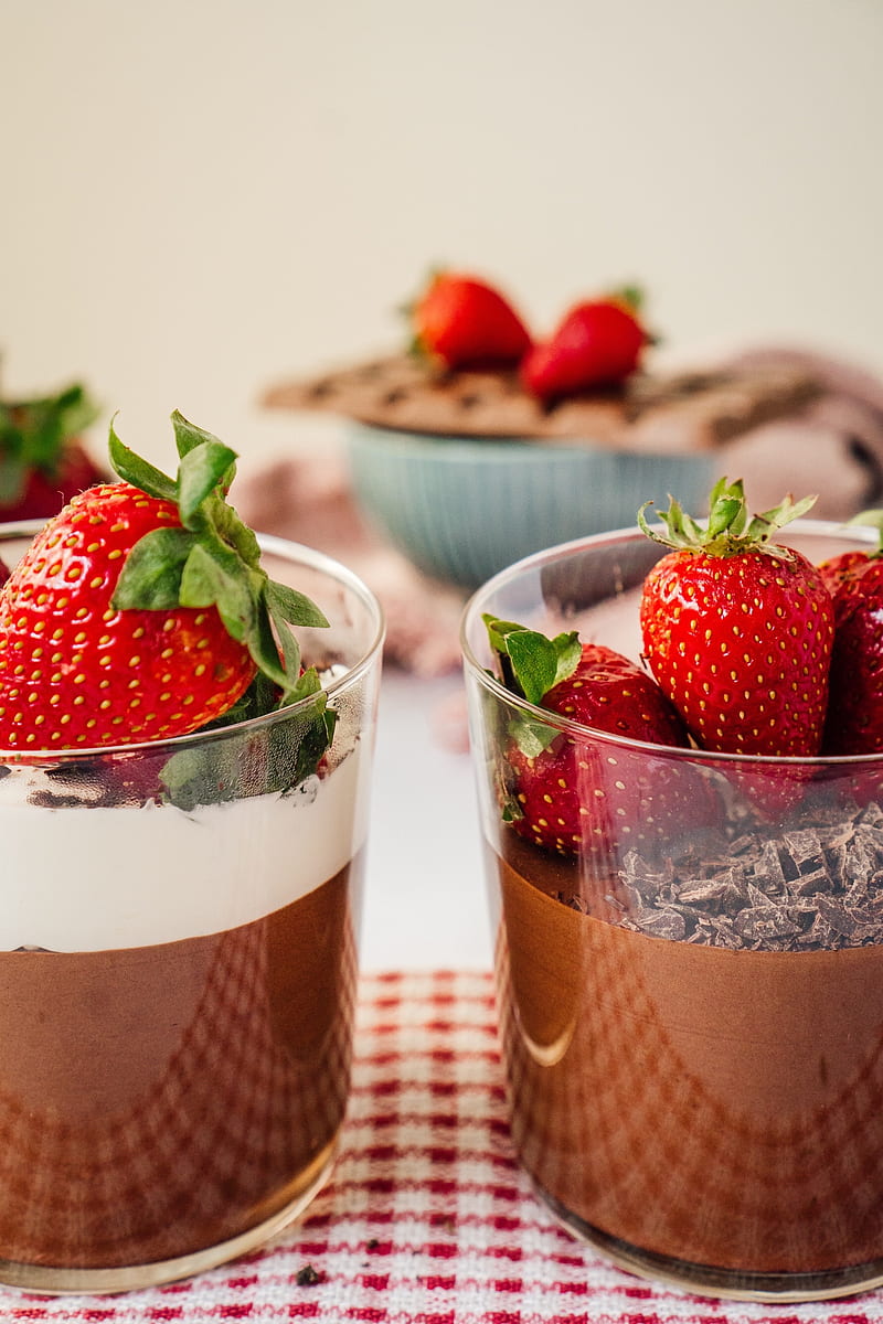pudding, strawberry, berries, chocolate, dessert, HD phone wallpaper