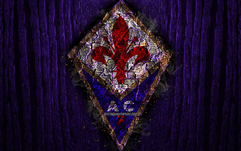 Fiorentina FC, scorched logo, Serie A, violet wooden background, italian football club, ACF Fiorentina, grunge, football, soccer, Fiorentina logo, fire texture, Italy, HD wallpaper