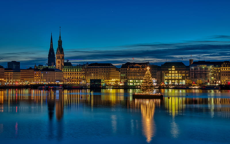Hamburg german cities, Christmas tree, nightscapes, Germany, Europe, cityscapes, HD wallpaper