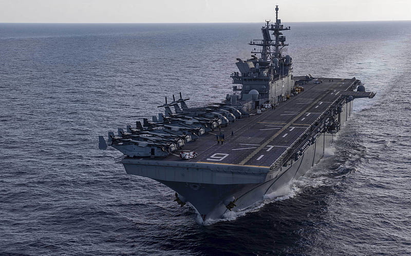 USS America, LHA-6, Amphibious assault ship, warship, US Navy, USA, United States Navy, Bell Boeing V-22 Osprey, F-35 Lightning II, CH-53K Super Stallion, HD wallpaper