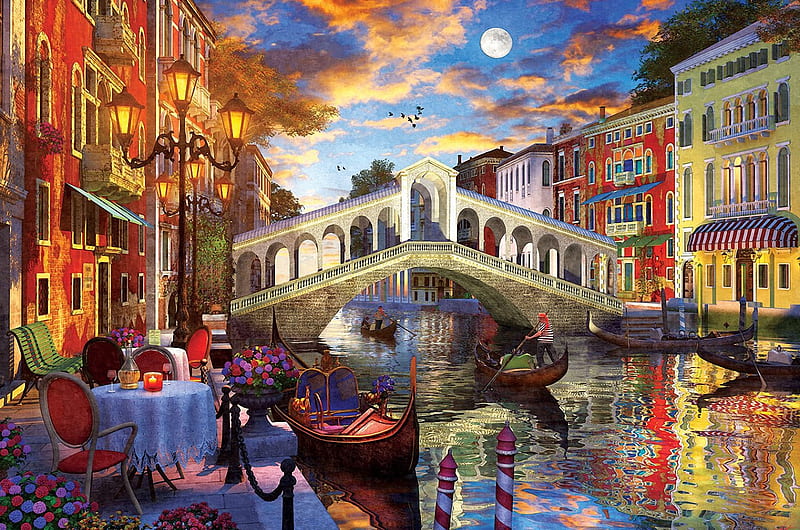 Venice, canal, bridge, restaurant, lantern, digital, gondola, artwork, HD wallpaper