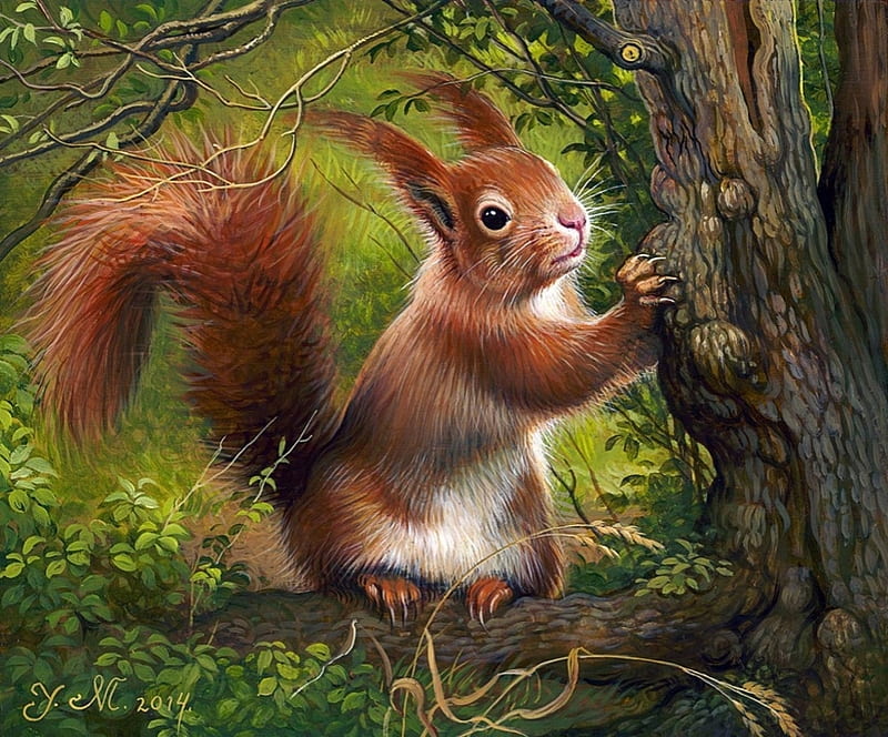 Squirrel, red, art, veverita, yana movchan, green, painting, pictura, HD wallpaper