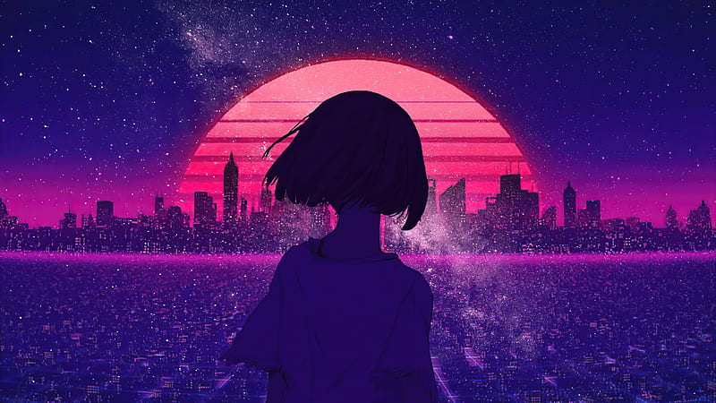 Synthwave Night Sunset Anime Girl , synthwave, retrowave, anime-girl, anime, artist, artwork, digital-art, HD wallpaper