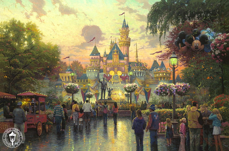 Disneyland 50th Anniversary, Disney, Disneyland, Mickey Mouse, Painting, Thomas Kinkade, HD wallpaper