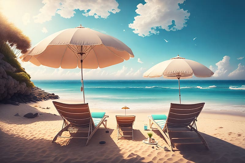 Summer Beach, Umbrellas, Summer, Sun loungers, Blue sky, HD wallpaper