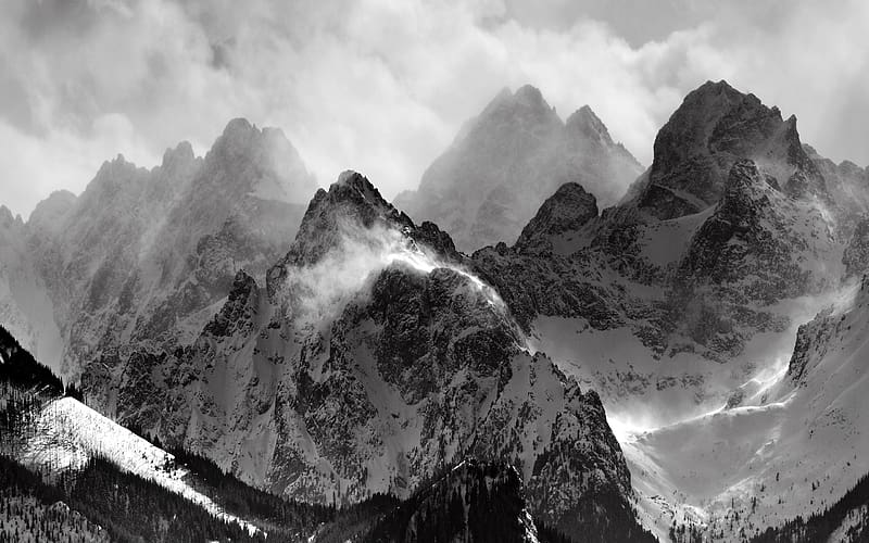 Mountains, Mountain, , Black & White, HD wallpaper
