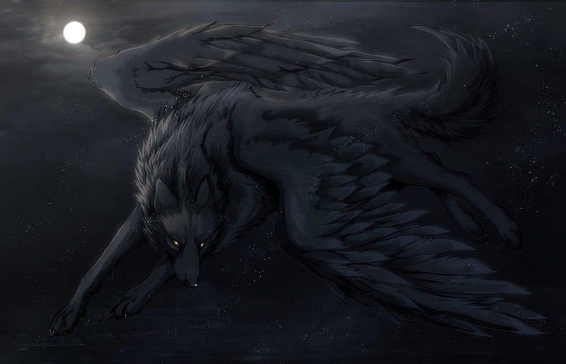 Fantasy wolf, wings, moon, black, fantasy, moon, feather, dark, wolf, night, HD wallpaper