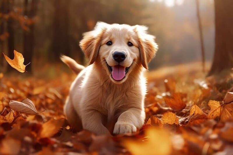 Cut little puppy, Autumn, Puppy, Golden Retrieve, Maple leaves, Love, Cute, HD wallpaper