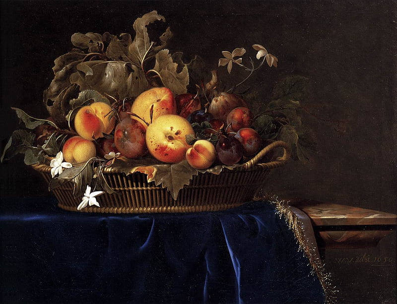 Still Life with a Basket of Fruit on a Marble Ledge, amsterdam, willem van aelst, dutch, painting, painted, still-life, masterpieces, HD wallpaper