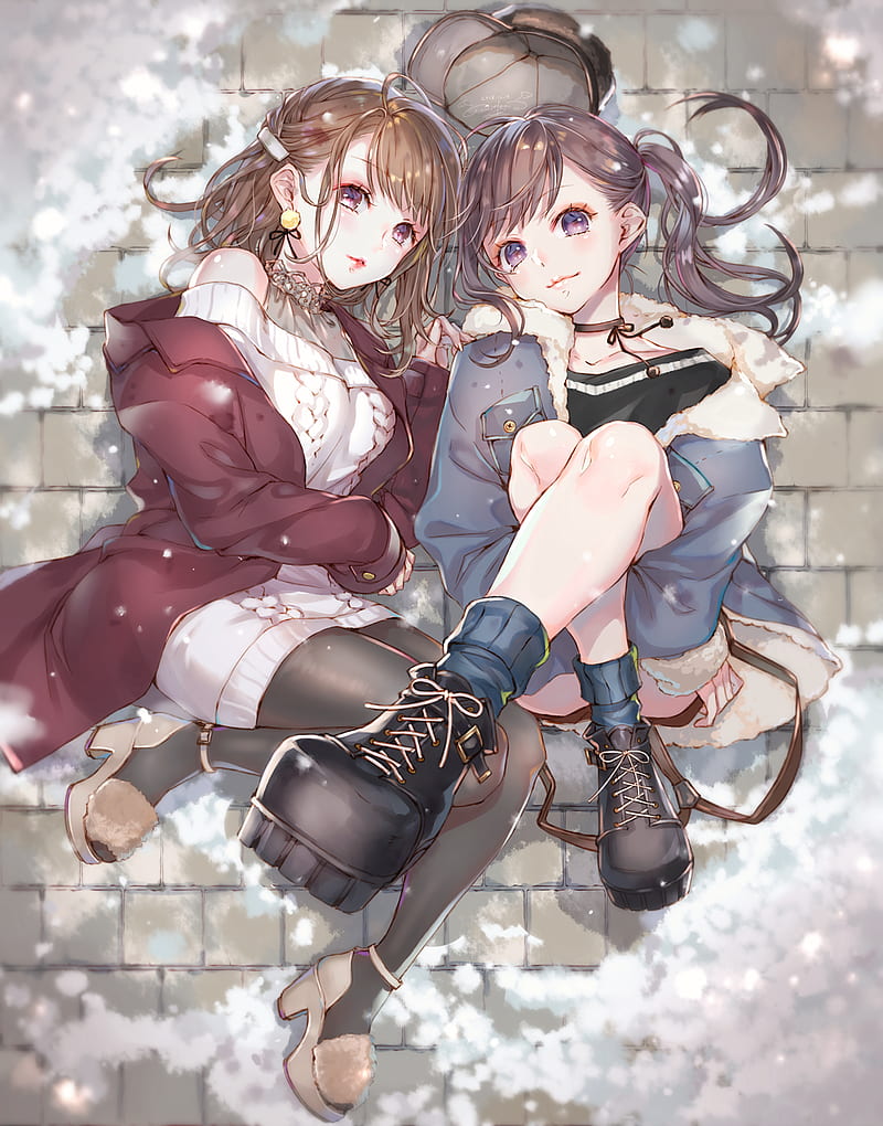 anime girls, anime, legs, snow, purple eyes, legs crossed, brunette, HD phone wallpaper