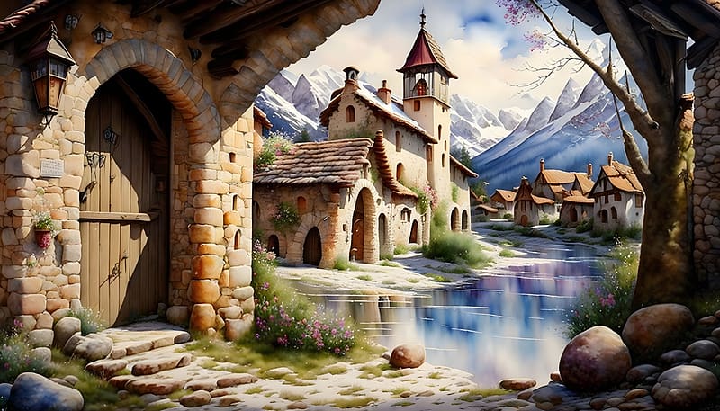 After the rain, fantasy, rain, cute, houses, illustration, village, after, HD wallpaper