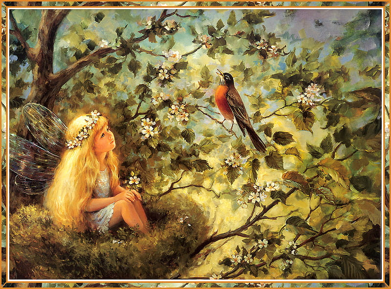 song Of Enchantment, fantasy, birds, flowers, fairy, other, HD wallpaper