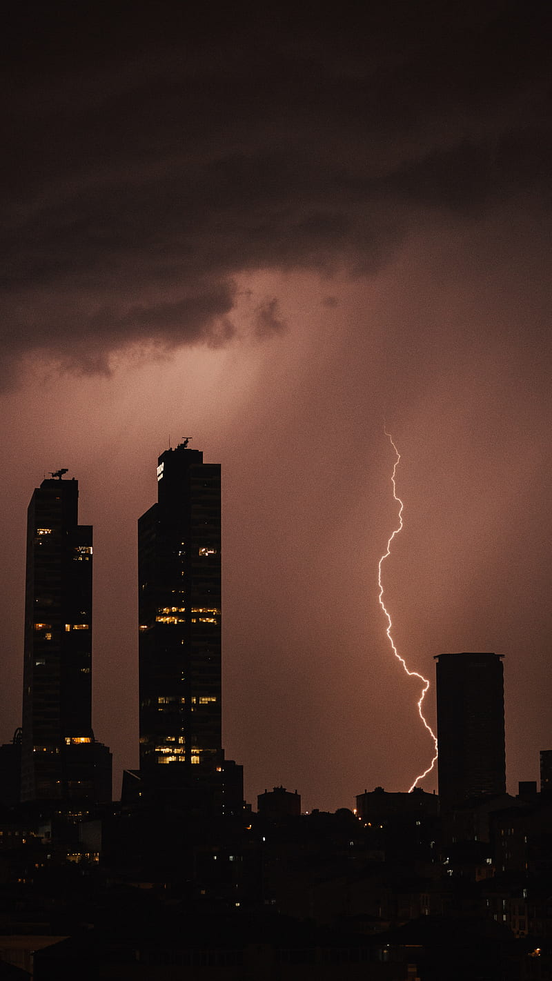 night city, buildings, lightning, sky, HD phone wallpaper