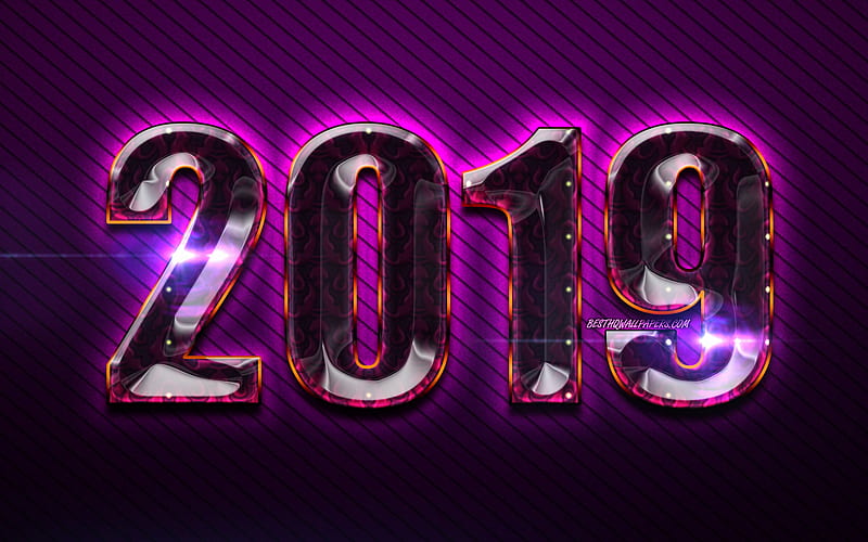 2019 purple glass digits, purple background, glass 2019 art, Happy New Year 2019, purple digits, 2019 concepts, 2019 on puprle background, 2019 year digits, HD wallpaper
