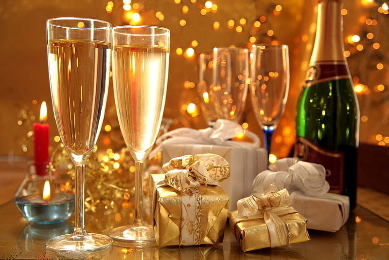 Celebrate a New Year, glow, bottle, glasses, bow, white wine, sparkle, graphy, gold, green, bubbles, light, wine, ribbon, golden, new year, sparkles, candles, fire, presents, champagne, wineglasses, gifts, shiny, celebrations, HD wallpaper