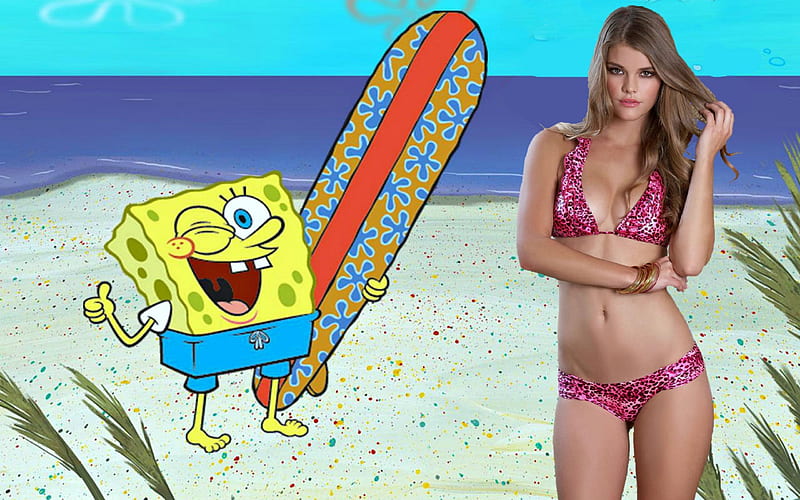 Nina agdal y bob esponja, rubia, humor, modelo, playa, bikini, bob esponja, Fondo  de pantalla HD | Peakpx