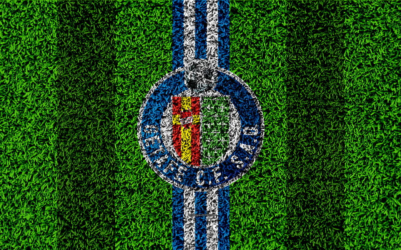 Getafe CF logo, football lawn, Spanish football club, blue white lines, grass texture, emblem, La Liga, Getafe, Spain, football, Getafe FC, HD wallpaper