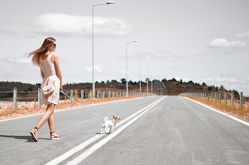 woman in white sleeveless dress holding harness of puppy walking on asphalt road during daytime, HD wallpaper