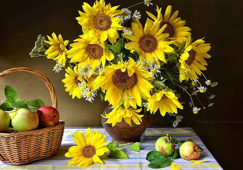 Still life, pretty, fruits, sunny, yellow, vase, leaves, nice, yummy ...