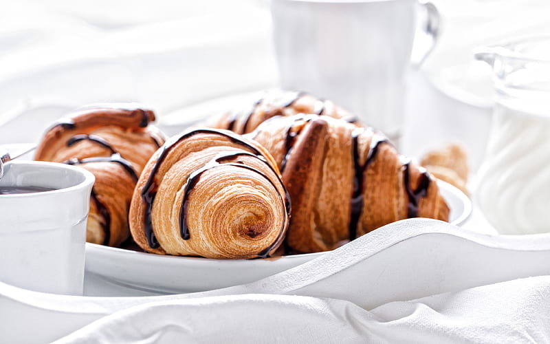 croissants, white cups, pastries, french croissants, breakfast concepts, HD wallpaper
