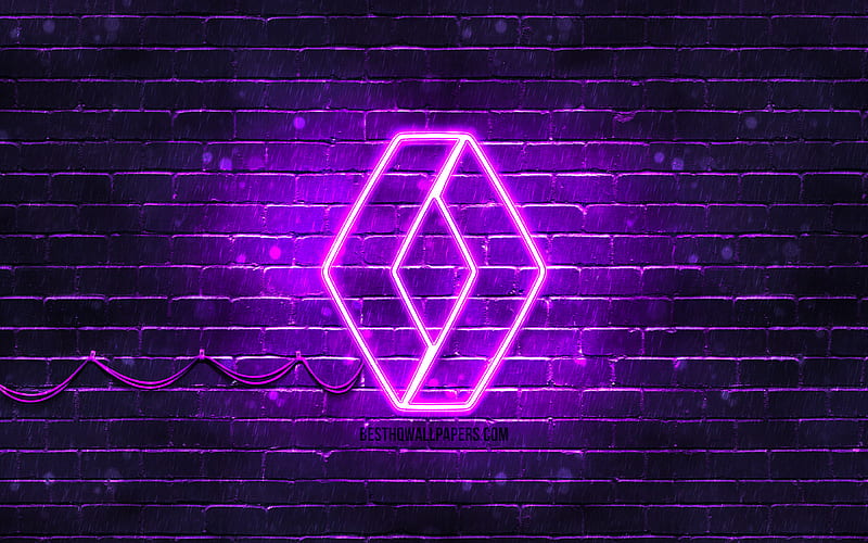 Renault violet logo violet brickwall, Renault logo, cars brands, Renault neon logo, Renault, HD wallpaper