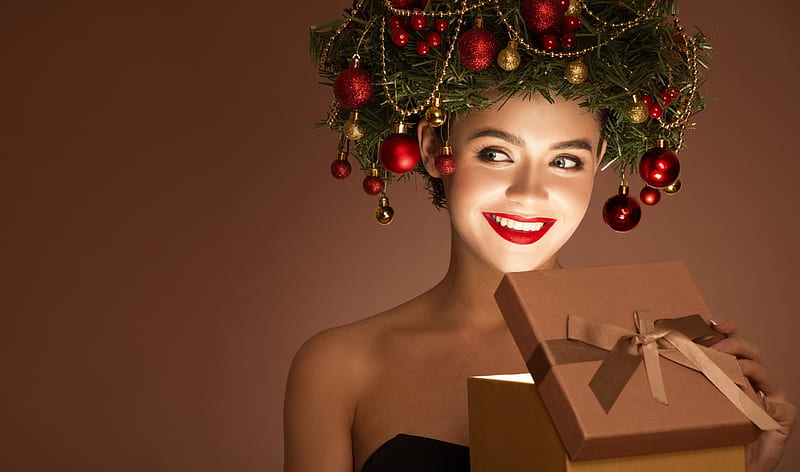 ლ, Christmas, Woman, Smile, Red lips, HD wallpaper