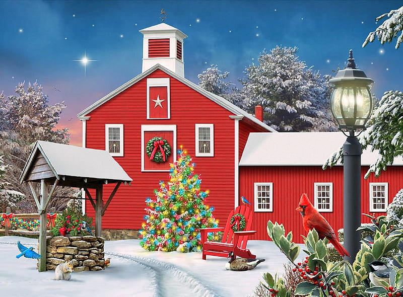 Heavenly Light, Christmas, holidays, snow, Christmas Tree, love four seasons, farms, wishing well, winter, xmas and new year, HD wallpaper