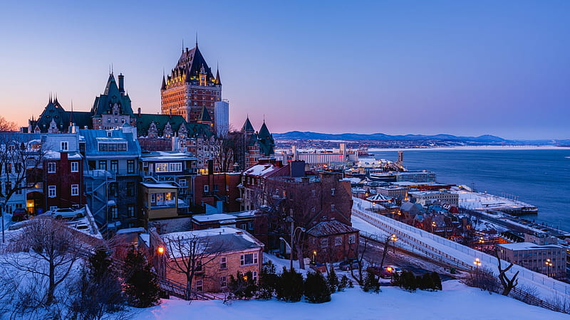 Quebec, Canada, Houses, Sunrise, City, Winter, Sunset, Tower, Dusk, Night, HD wallpaper